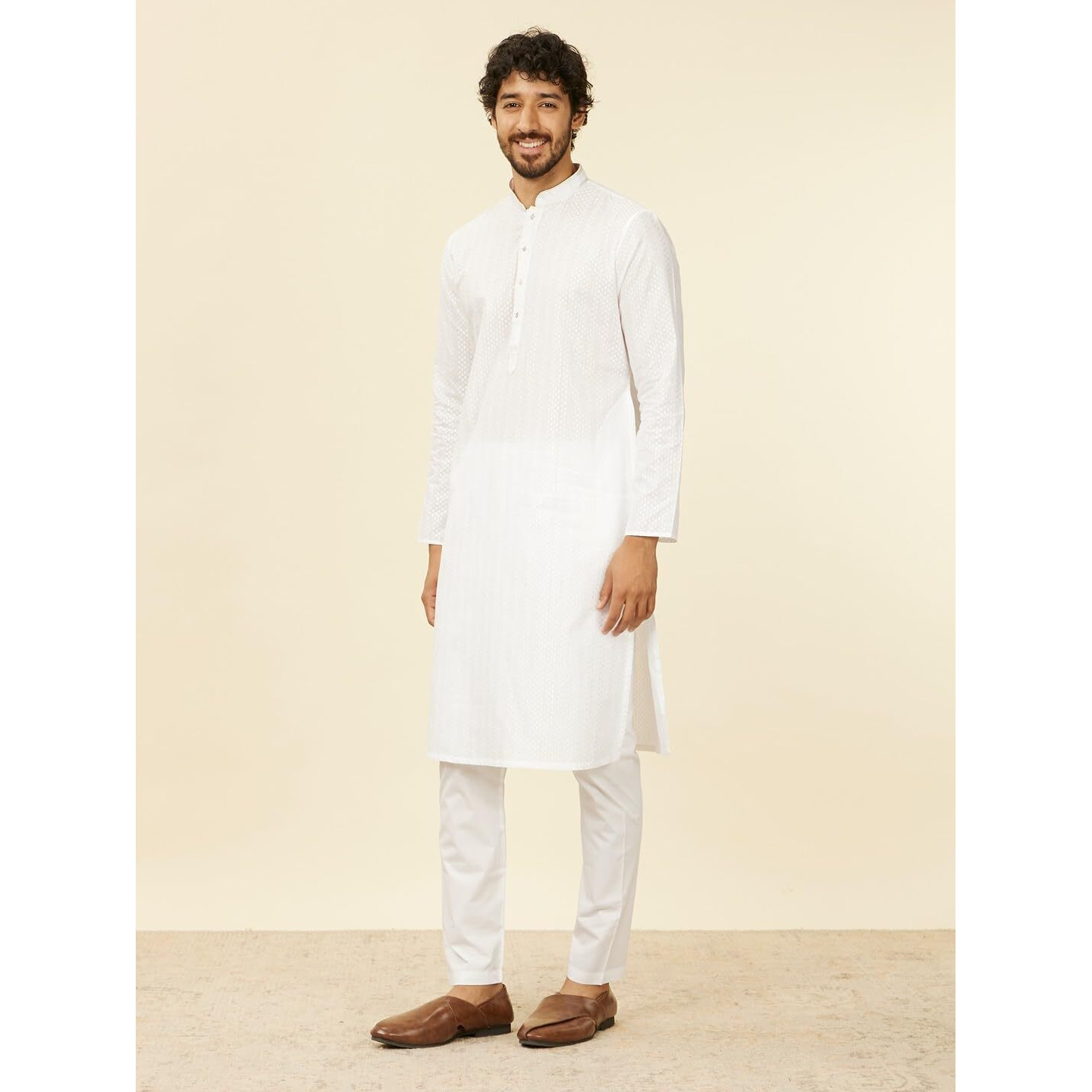 Manyavar White Cotton Embroidery|Zari Weave Kurta Pyjama Set For Men