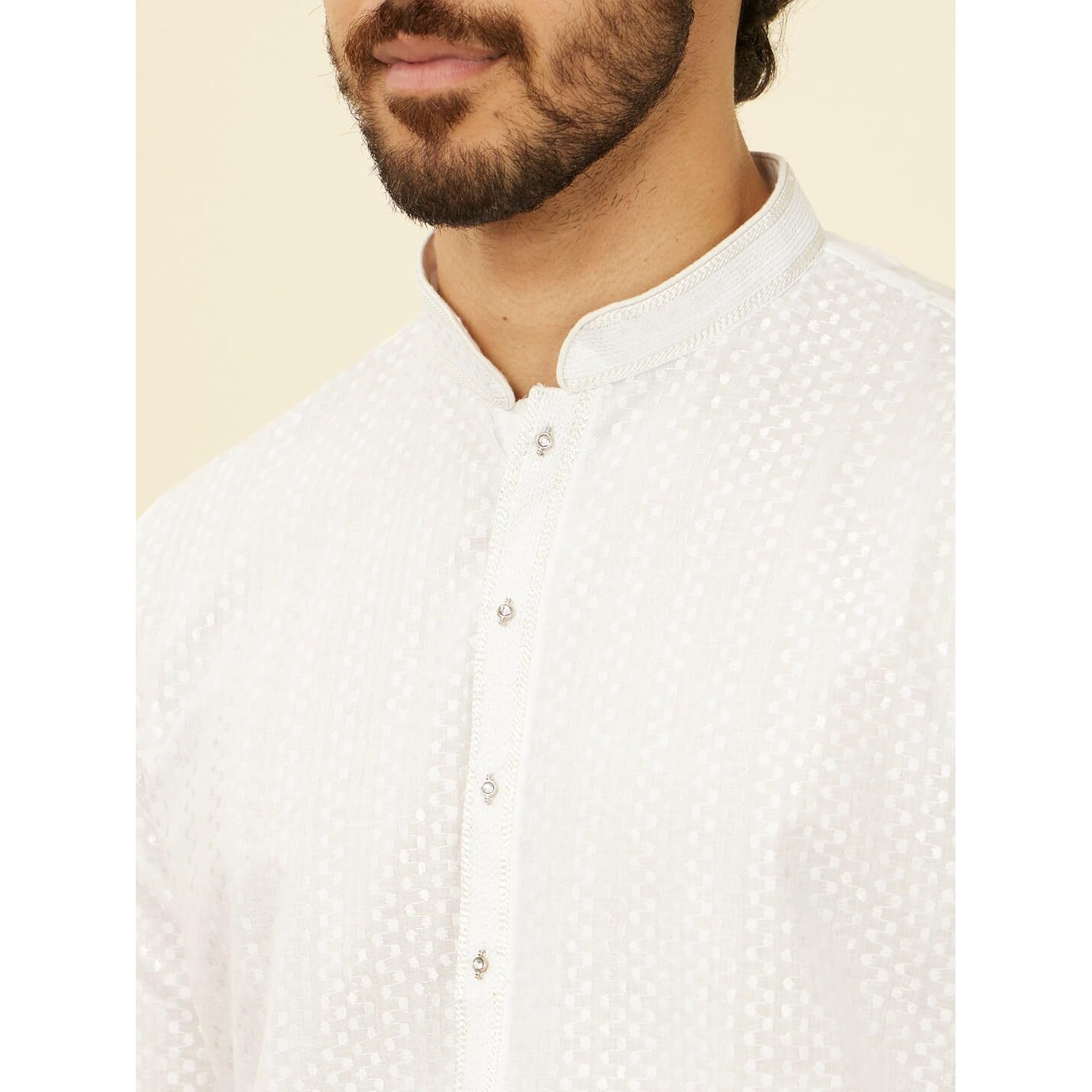 Manyavar White Cotton Embroidery|Zari Weave Kurta Pyjama Set For Men