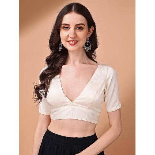 Womanista Women's Dupion Silk Solid Short Sleeve Regular Fit V Neck Blouse (Bl_66_White S)