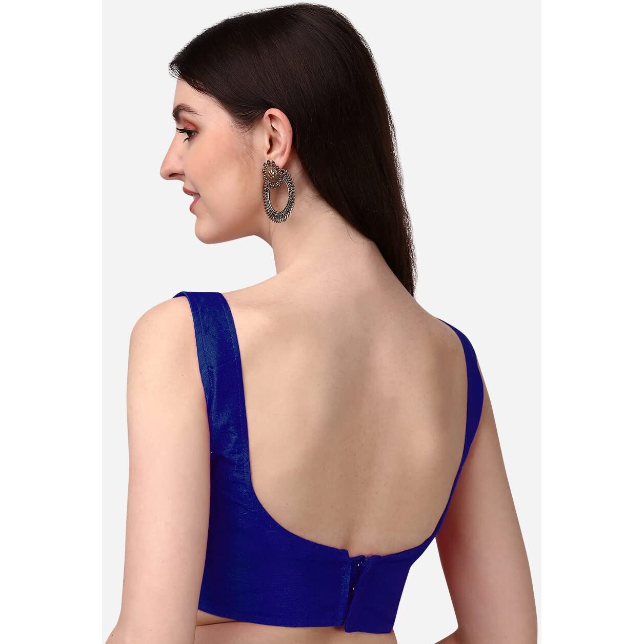 Pujia Mills Women's Deep Neck Silk Sleeveless Readymade Blouse (Navy Blue, 32)