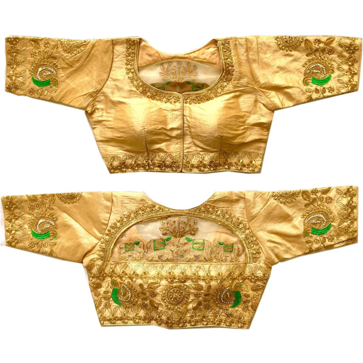 Pujia Mills Women's Malbari Phantom Silk Half Sleeve Blouse (Handwork Blouse_Gold_42)