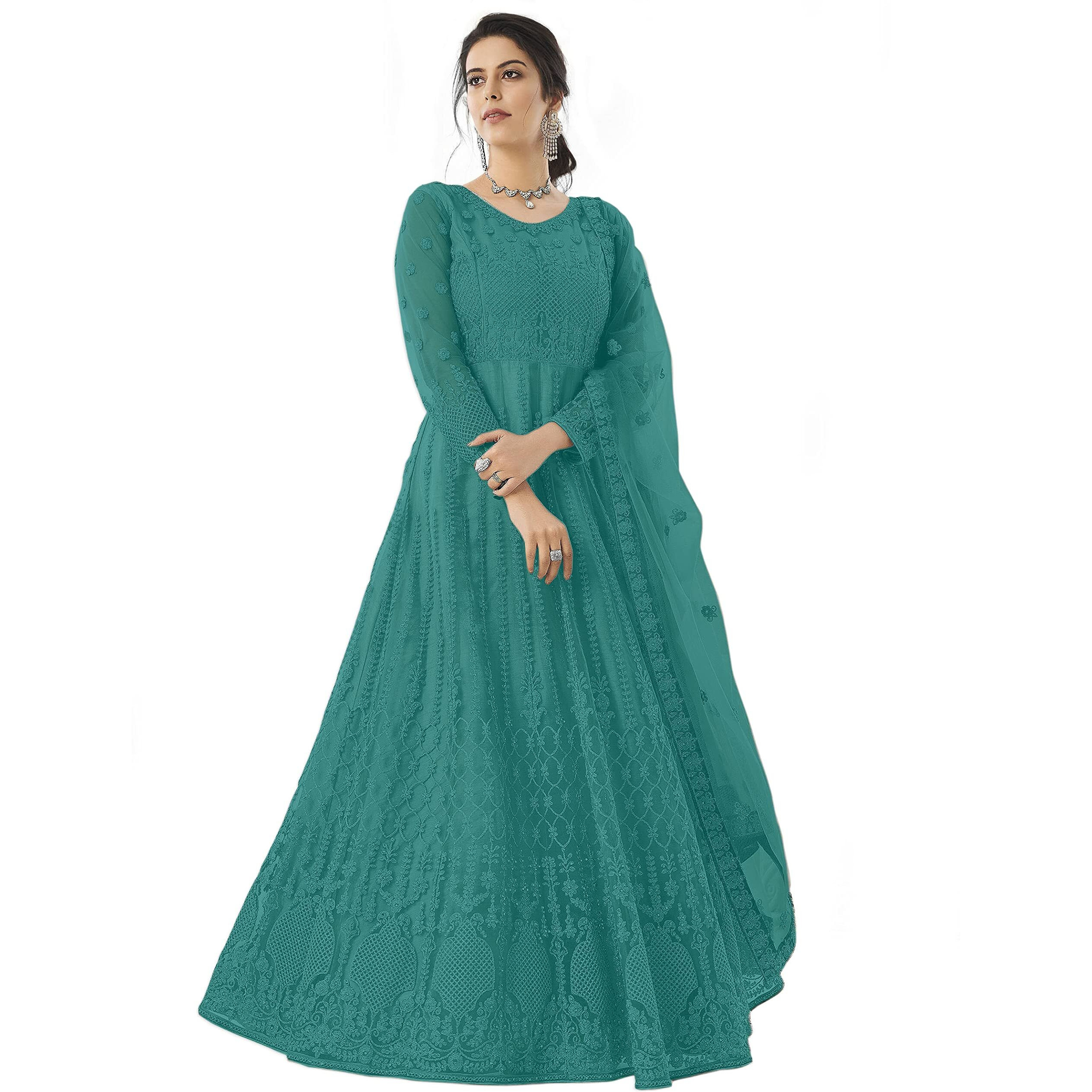 Patlani Women Light Rama Long Gown, Net With Ultra Satin Inner Ethnic Flared Gown For Girl's/Women's Semi Stitched Gown (Light Rama)