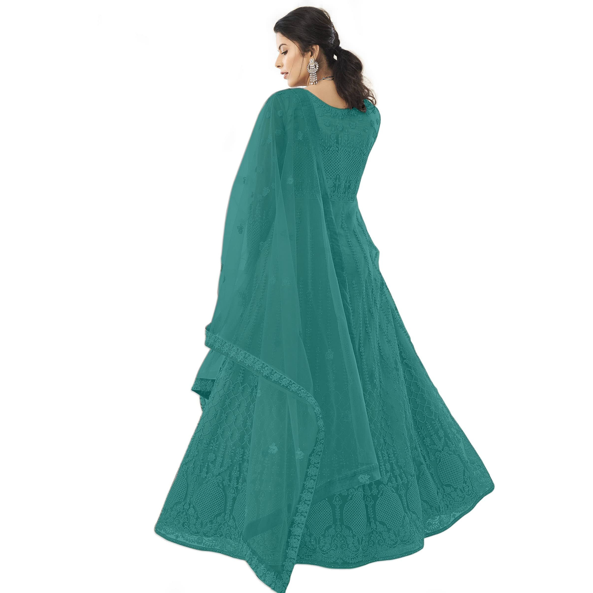 Patlani Women Light Rama Long Gown, Net With Ultra Satin Inner Ethnic Flared Gown For Girl's/Women's Semi Stitched Gown (Light Rama)