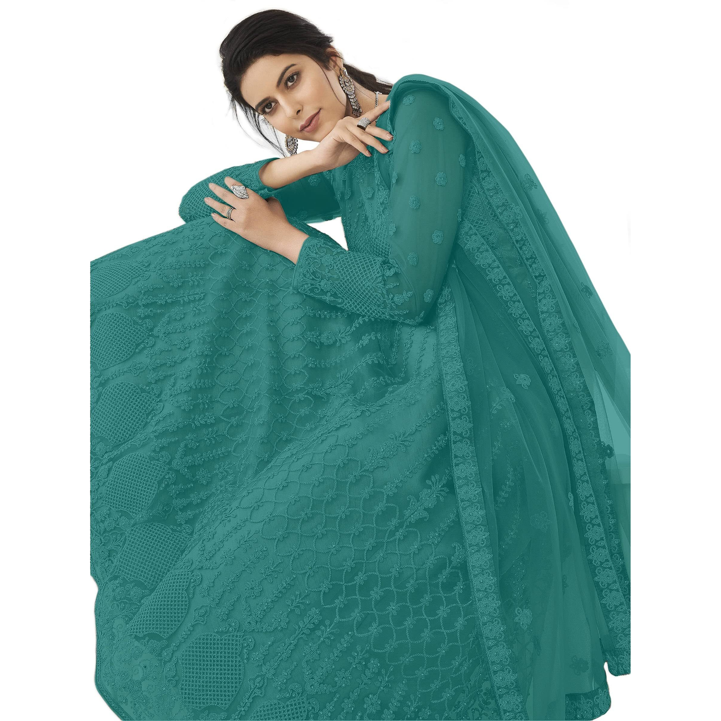 Patlani Women Light Rama Long Gown, Net With Ultra Satin Inner Ethnic Flared Gown For Girl's/Women's Semi Stitched Gown (Light Rama)