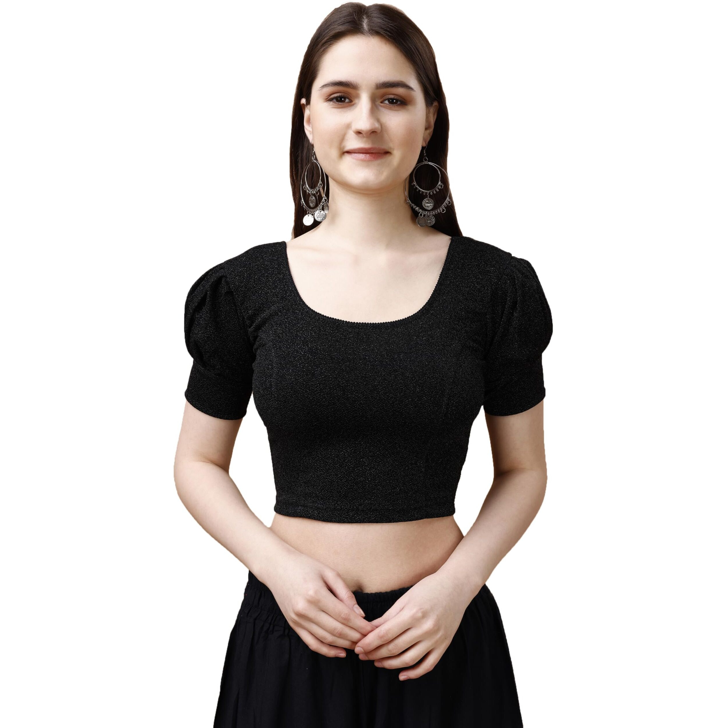 Pujia Mills Women's Readymade Shining Lycra Stretchable Round Neck Half Puff Sleeve Blouses Lycra Stretchable Black Color Blouse For Women Readymade Saree Blouse
