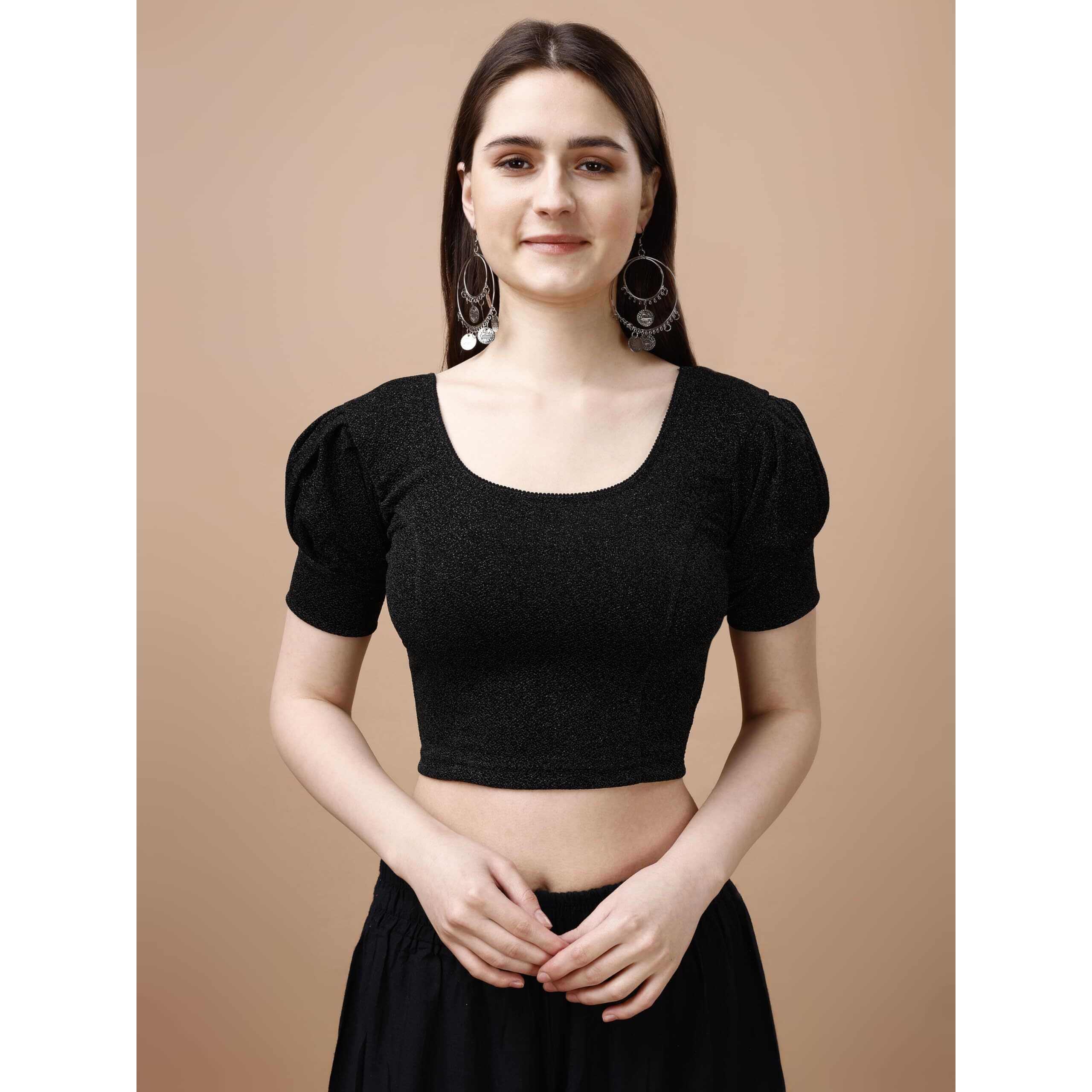 Pujia Mills Women's Readymade Shining Lycra Stretchable Round Neck Half Puff Sleeve Blouses Lycra Stretchable Black Color Blouse For Women Readymade Saree Blouse