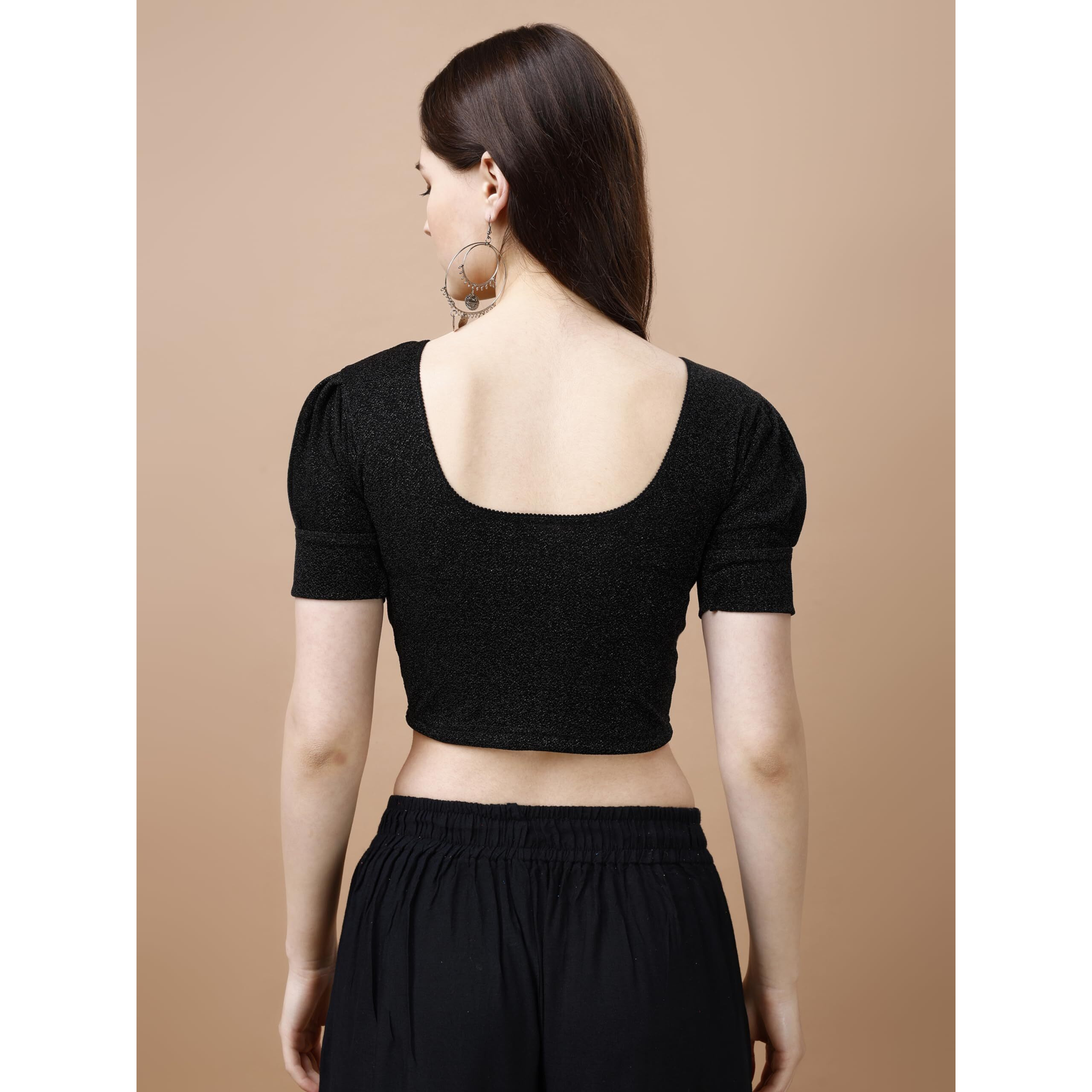 Pujia Mills Women's Readymade Shining Lycra Stretchable Round Neck Half Puff Sleeve Blouses Lycra Stretchable Black Color Blouse For Women Readymade Saree Blouse