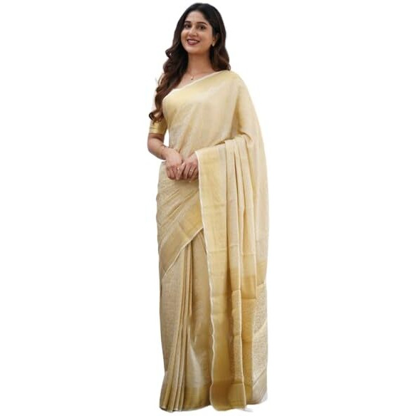 Flosive Mix Color & Gold Zari Woven Kanjivaram Saree With Blouse (Cream)
