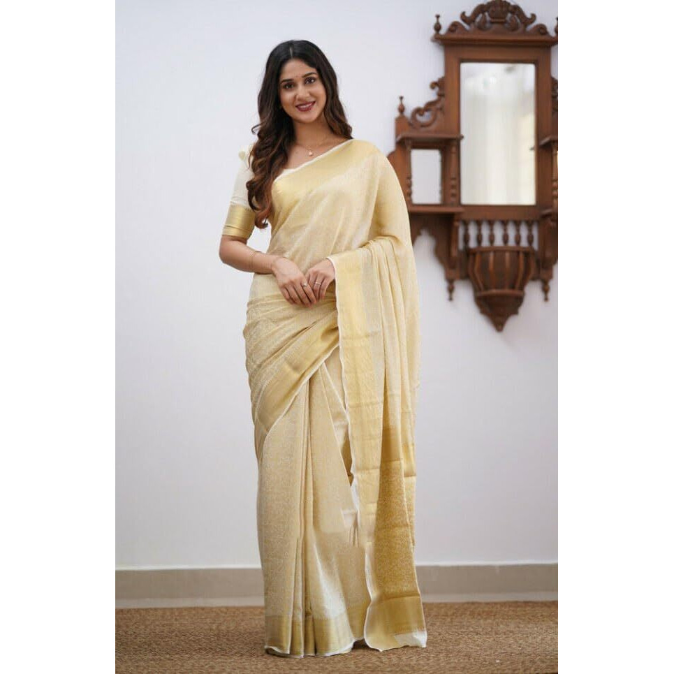 Flosive Mix Color & Gold Zari Woven Kanjivaram Saree With Blouse (Cream)