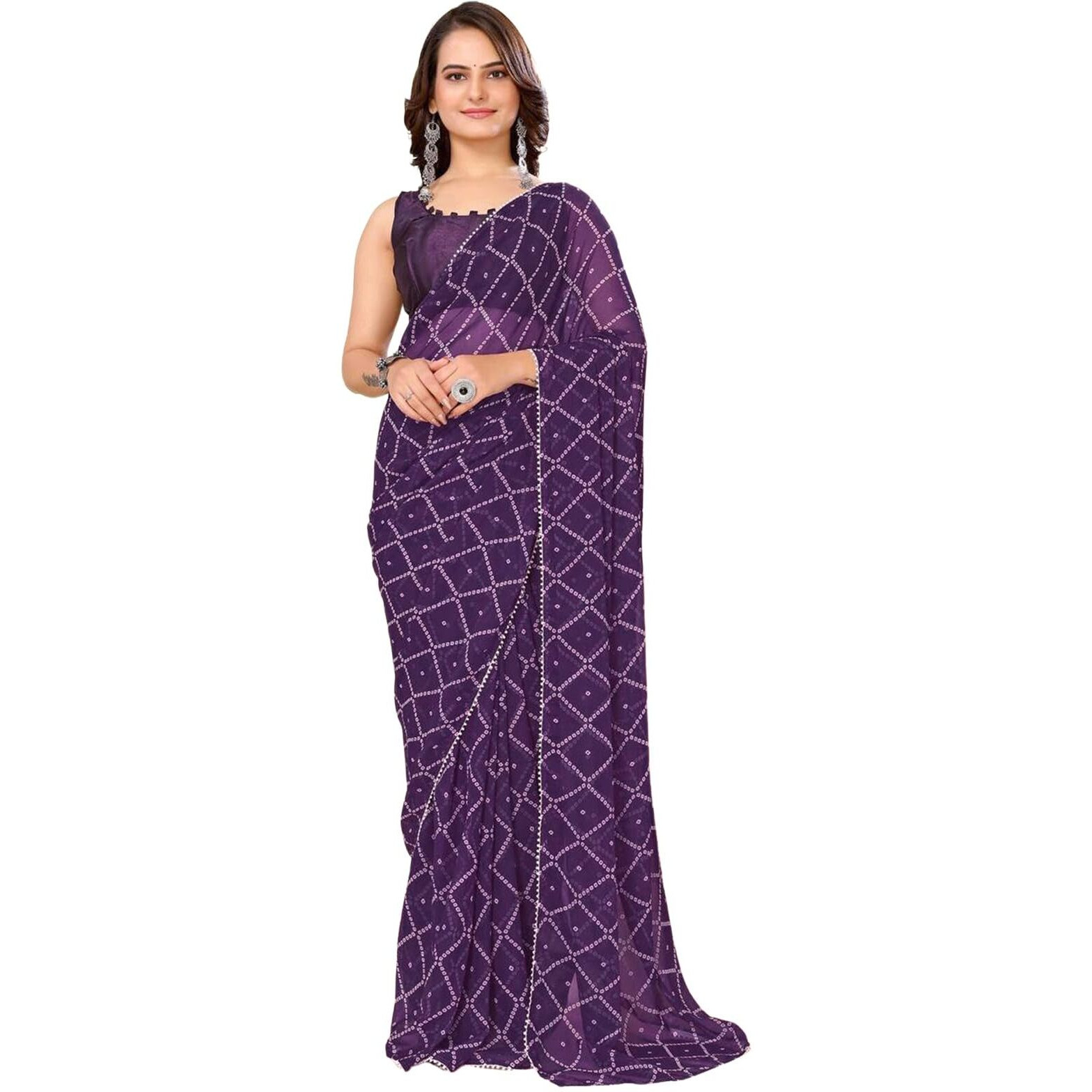 Satrani Women's Georgette Bandhani Prined Ready To Wear Saree With Unstitched Blouse Piece (24Rs117N_Purple4)