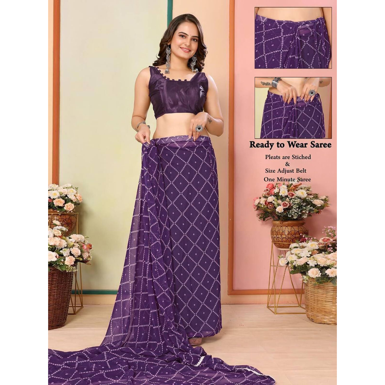 Satrani Women's Georgette Bandhani Prined Ready To Wear Saree With Unstitched Blouse Piece (24Rs117N_Purple4)