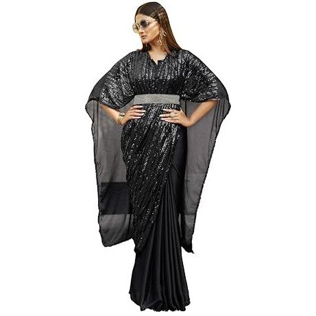 Womanista Women's Belted Satin Kaftan Black Saree With Un-Stitched Blouse