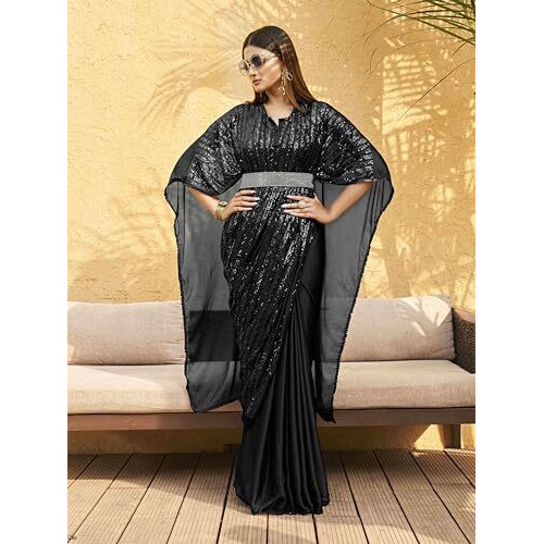 Womanista Women's Belted Satin Kaftan Black Saree With Un-Stitched Blouse
