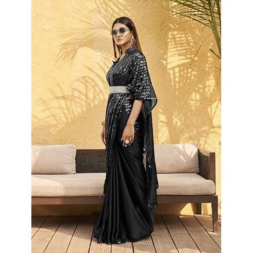 Womanista Women's Belted Satin Kaftan Black Saree With Un-Stitched Blouse