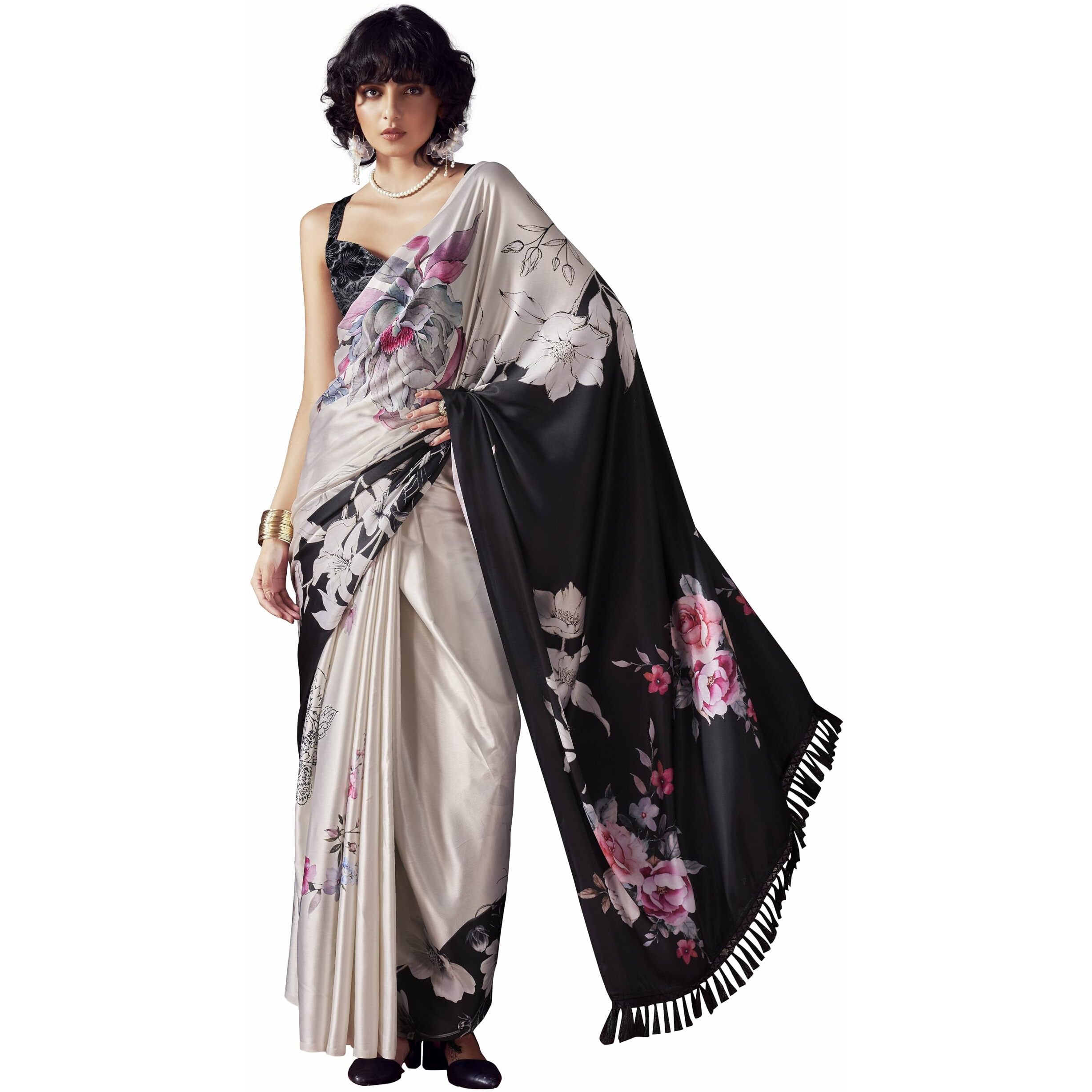 Womanista Women's Satin Two Way Floral Black Saree With Un-Stitched Blouse