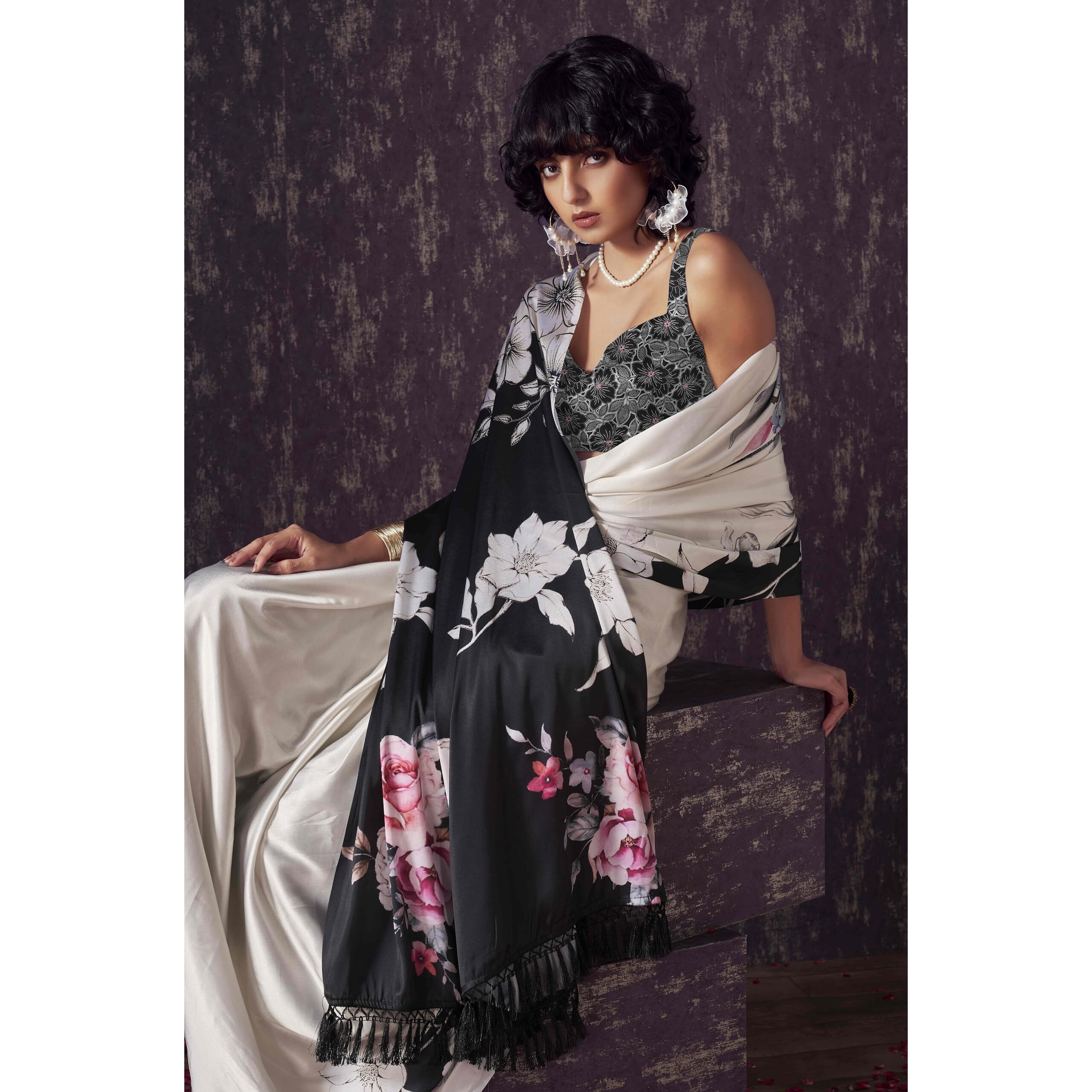 Womanista Women's Satin Two Way Floral Black Saree With Un-Stitched Blouse