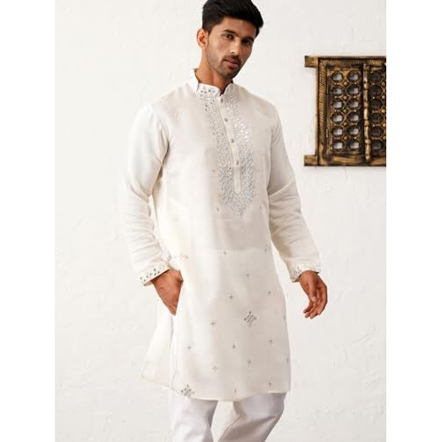 Jompers Men's White Embroidered Kurta Pyjama. (White, M)