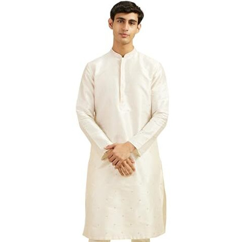 Diwas By Manyavar Men's Art Silk Thread Embroidered Kurta (Warm White,S)