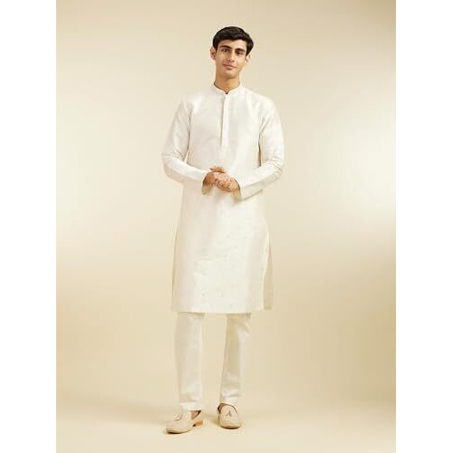 Diwas By Manyavar Men's Art Silk Thread Embroidered Kurta (Warm White,S)