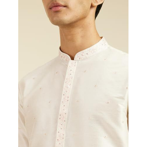 Diwas By Manyavar Men's Art Silk Thread Embroidered Kurta (Warm White,S)