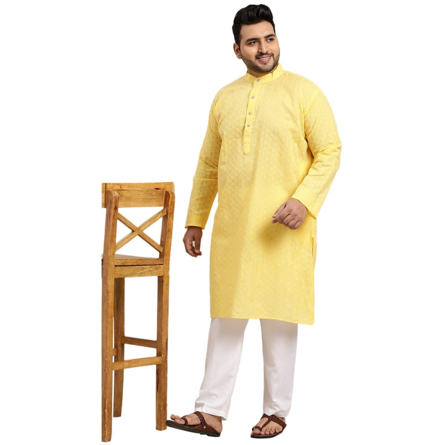 Sojanya Plus (Since 1958) Men's Cotton Mustard Checked Kurta With White Churidar Pyjama Set Size 46
