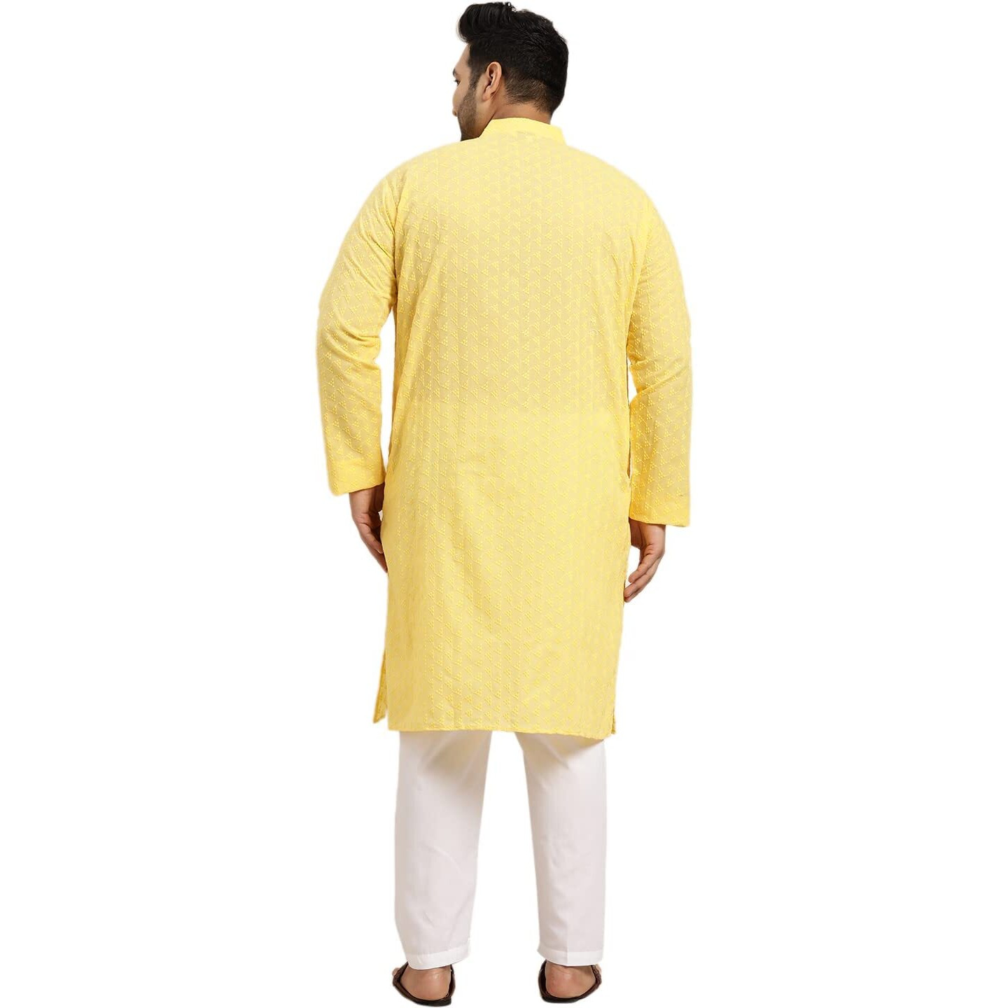Sojanya Plus (Since 1958) Men's Cotton Mustard Checked Kurta With White Churidar Pyjama Set Size 46