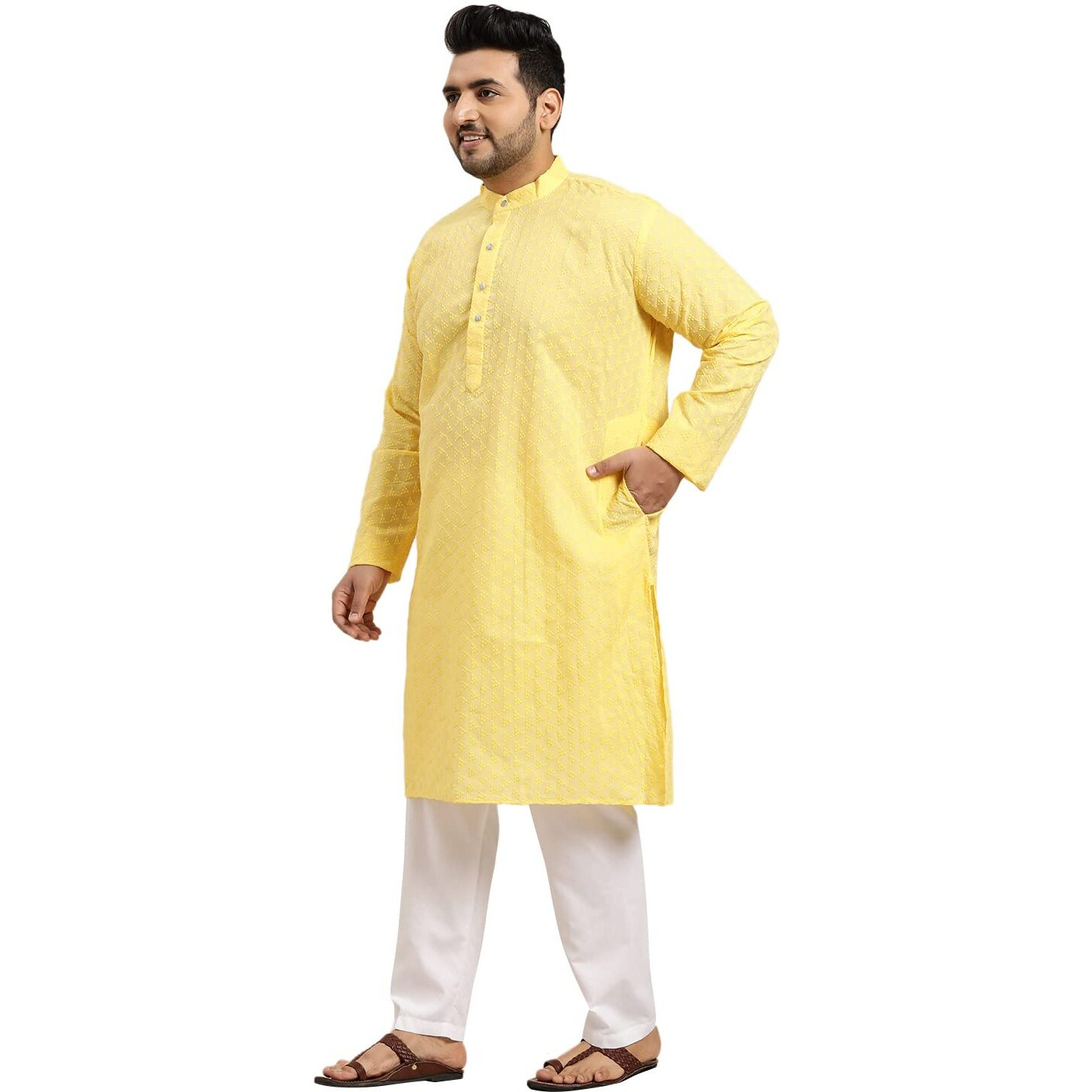 Sojanya Plus (Since 1958) Men's Cotton Mustard Checked Kurta With White Churidar Pyjama Set Size 46