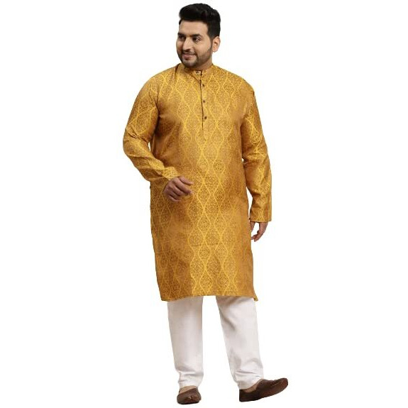 Sojanya (Since 1958 Men's Jacquard Silk Mustard & Gold Kurta & Off-White Churidar Pyjama Set Size-4Xl