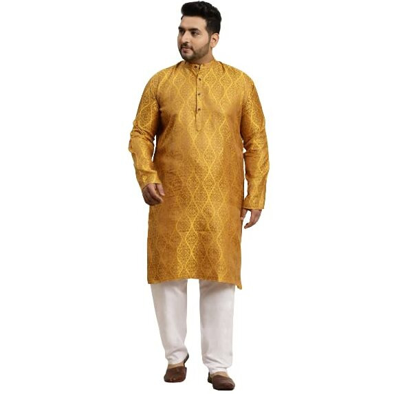 Sojanya (Since 1958 Men's Jacquard Silk Mustard & Gold Kurta & Off-White Churidar Pyjama Set Size-4Xl