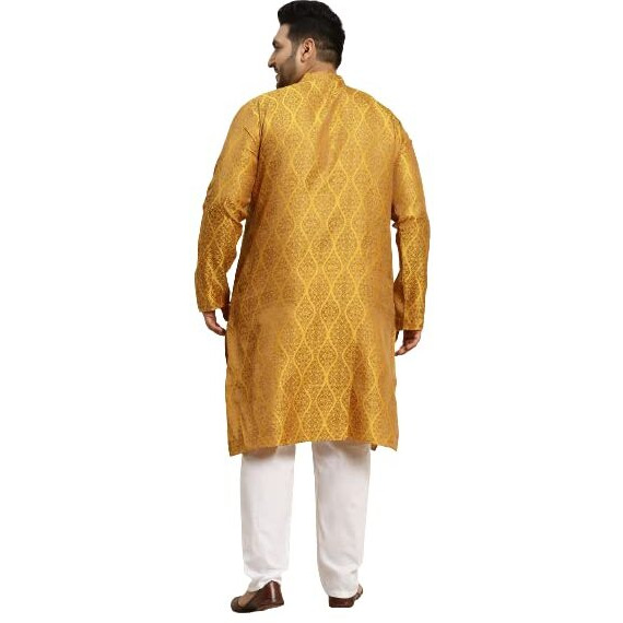 Sojanya (Since 1958 Men's Jacquard Silk Mustard & Gold Kurta & Off-White Churidar Pyjama Set Size-4Xl