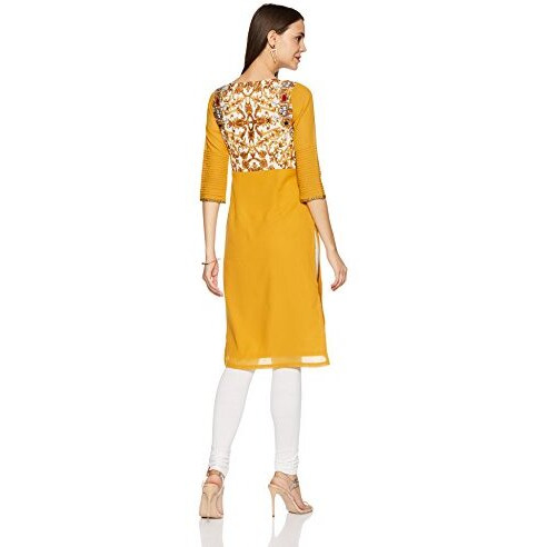 W For Woman Women's Satin Straight Kurta (15Aus11007-56752_White And Yellow_16_White, Yellow_2Xl)