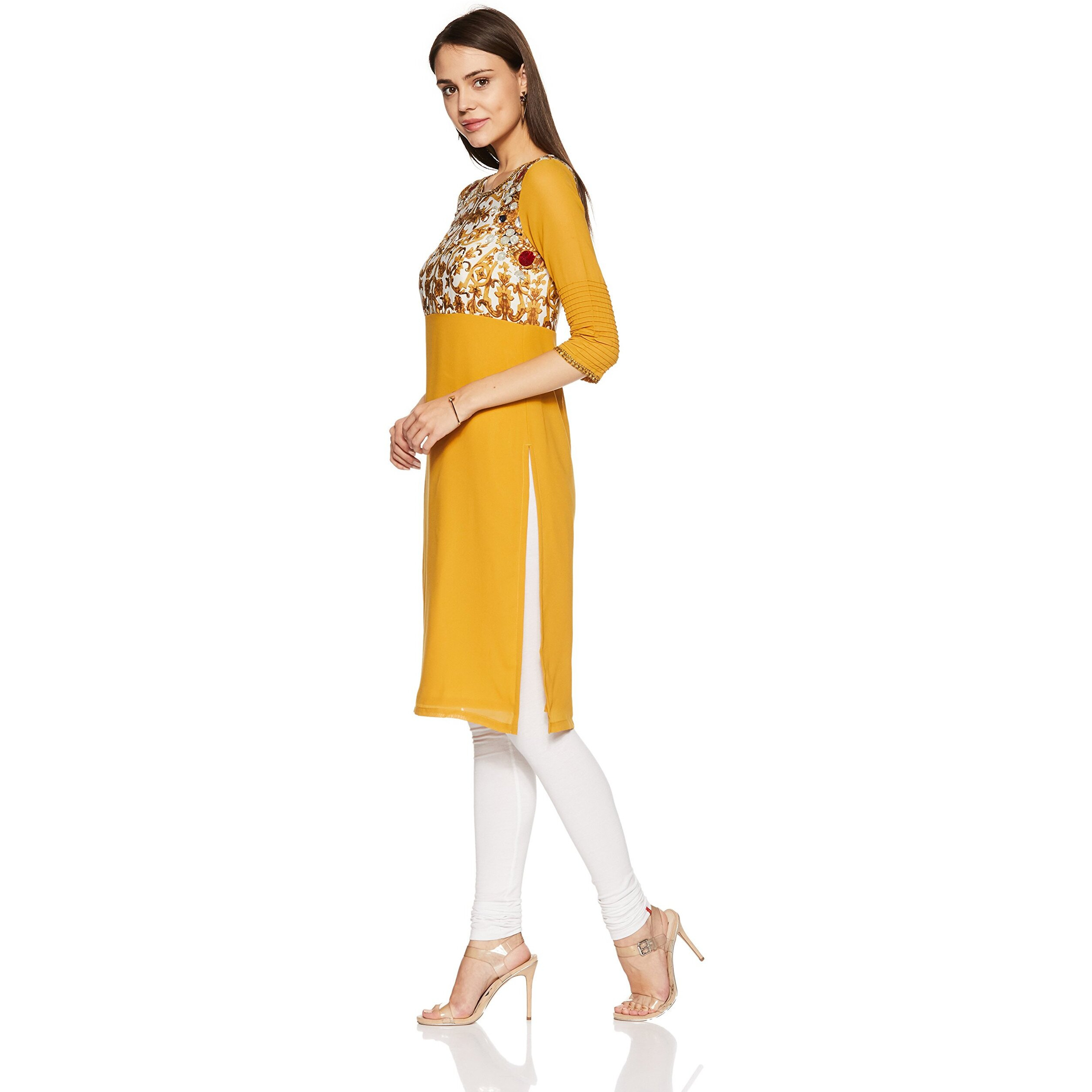 W For Woman Women's Satin Straight Kurta (15Aus11007-56752_White And Yellow_16_White, Yellow_2Xl)