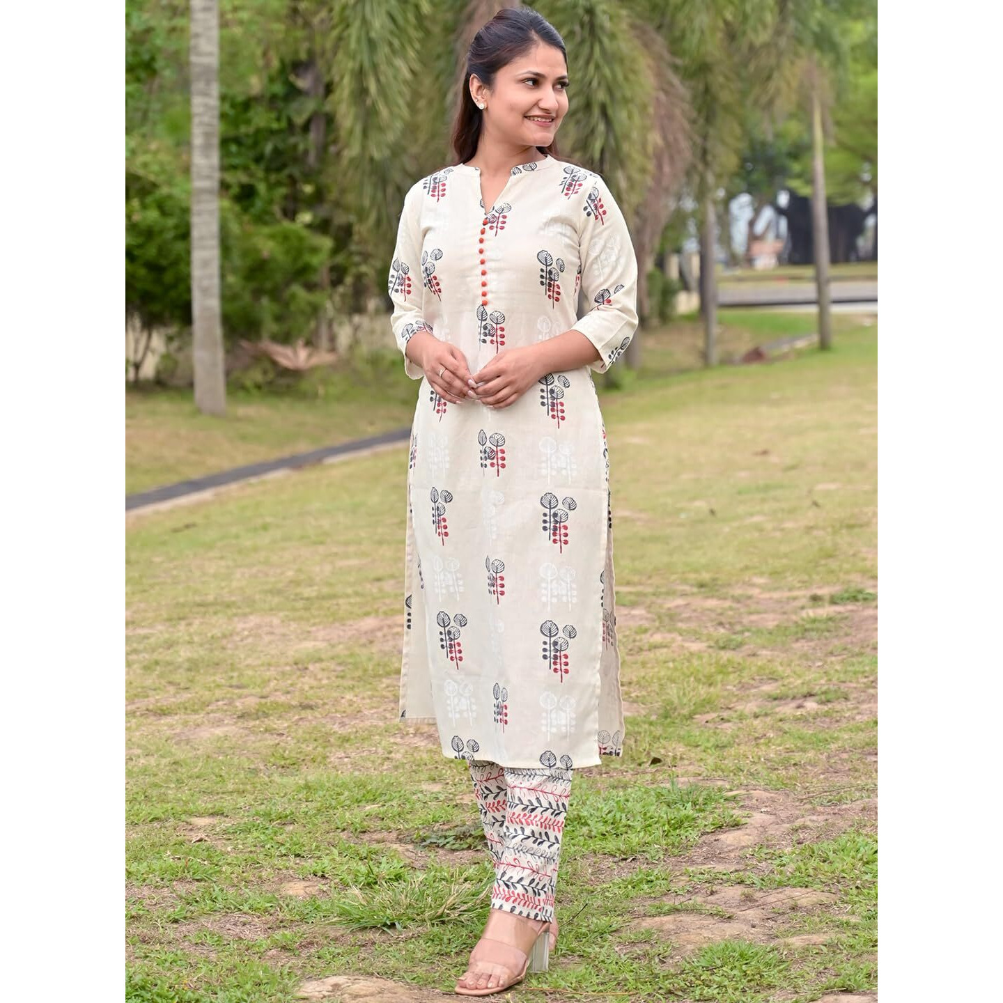 Libas Women's Silk Blend Printed Regular Fit Kurta Set (6313_Off White