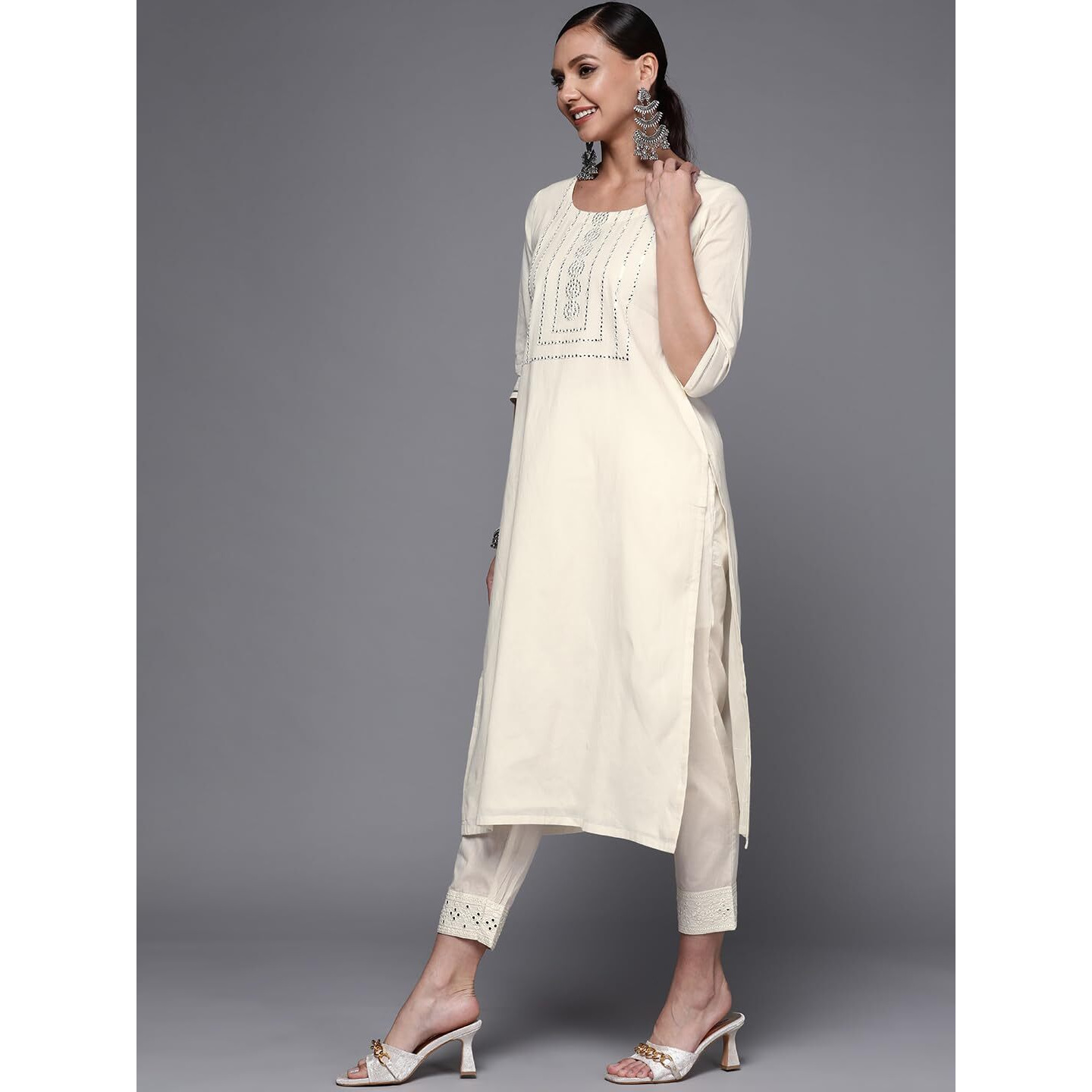 Libas Women's Cotton Yoke Design Straight Kurta (24043O_Off White