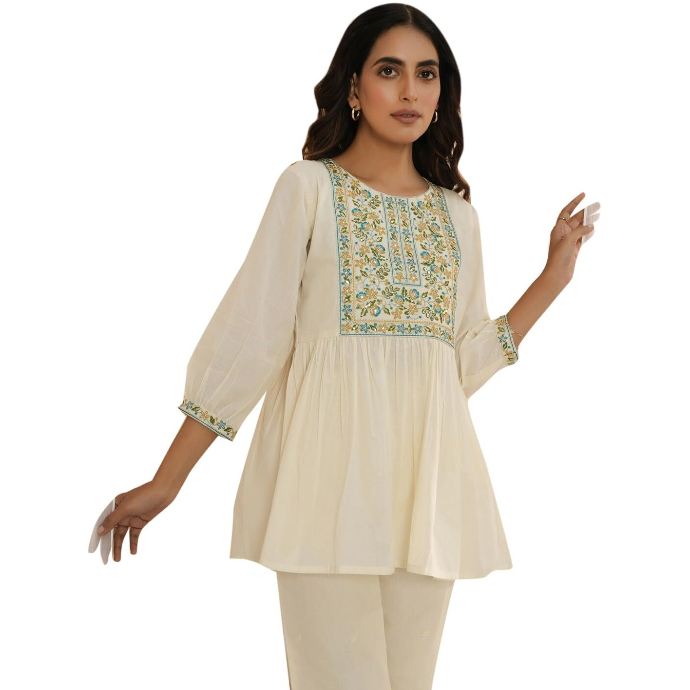 Libas Women's Pure Cotton Yoke Design A-Line Kurtis (26715_Off White