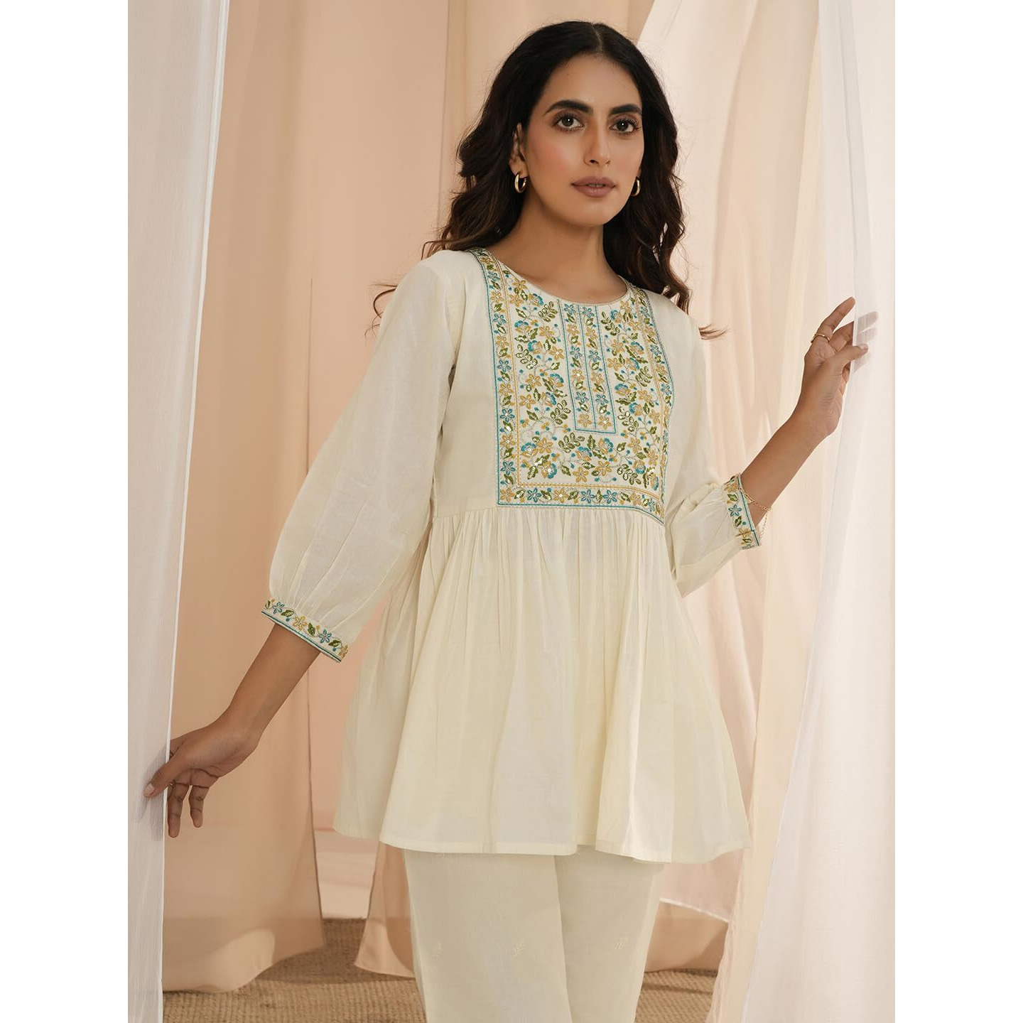 Libas Women's Pure Cotton Yoke Design A-Line Kurtis (26715_Off White
