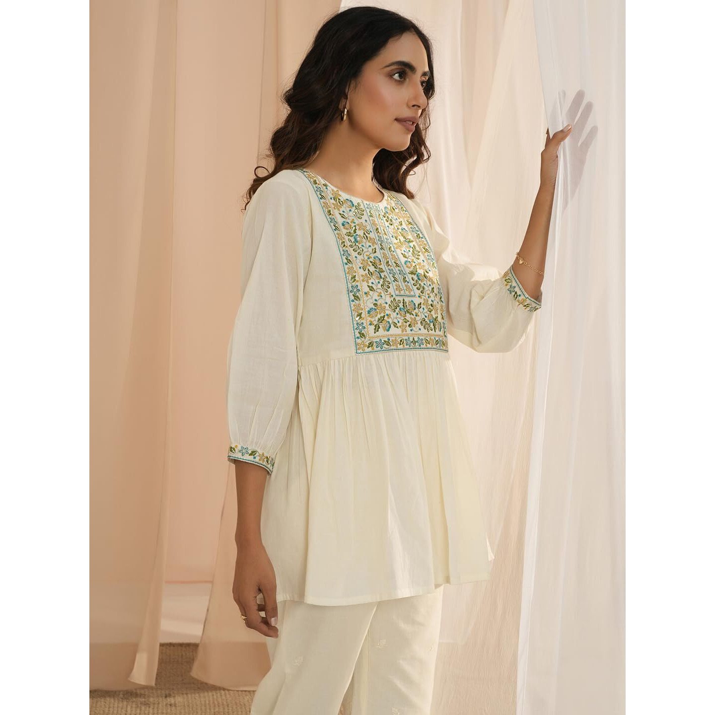 Libas Women's Pure Cotton Yoke Design A-Line Kurtis (26715_Off White