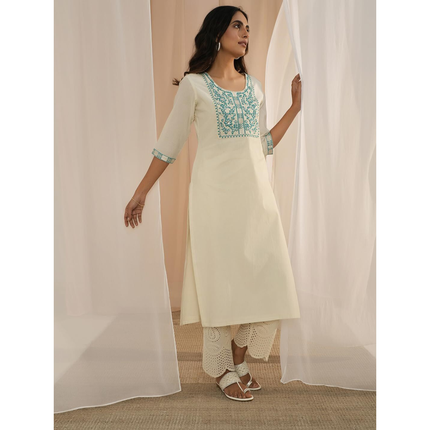 Libas Women's Cotton Yoke Design Straight Kurta (26723_Off White