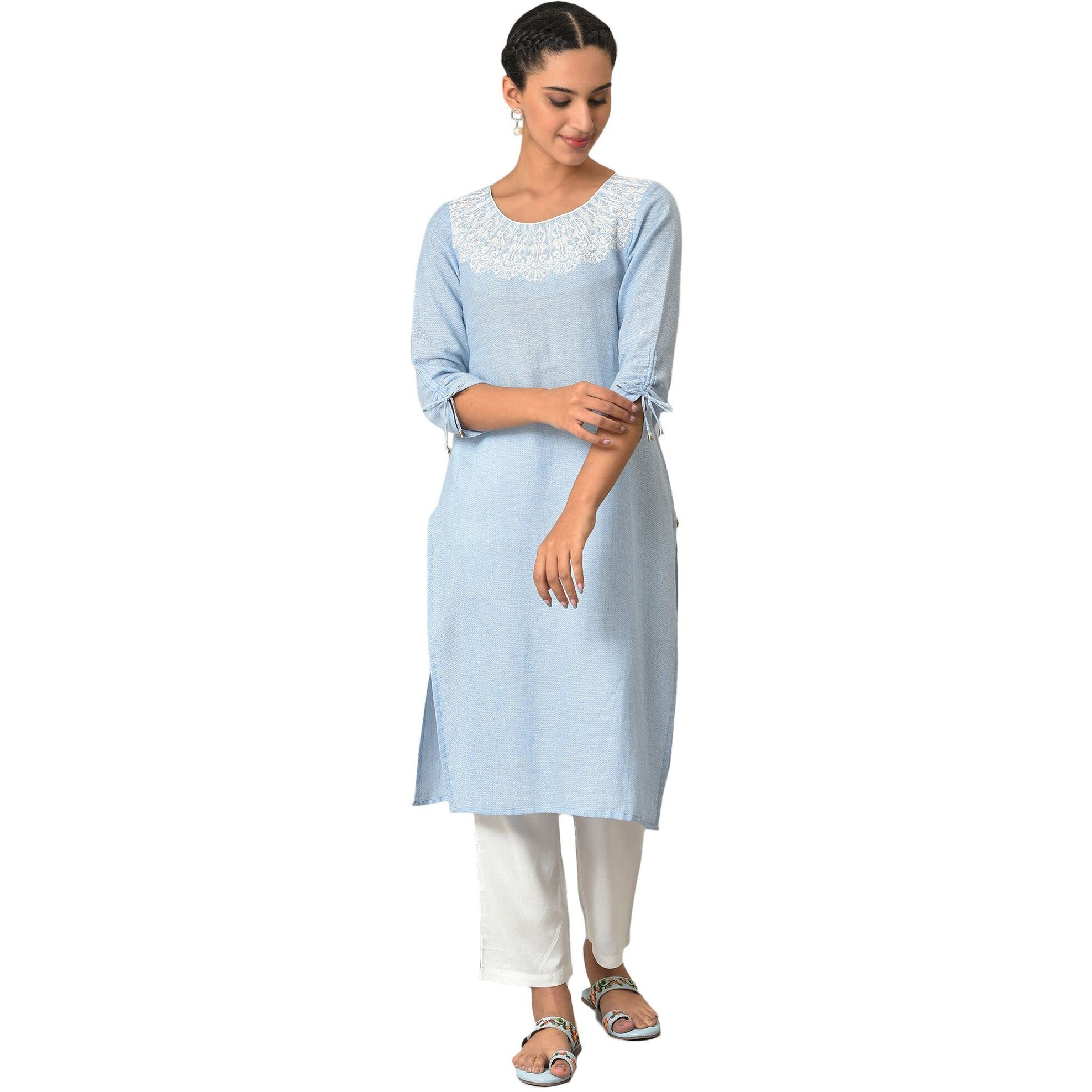 Blue Cotton Round Neck Embroidered Kurta