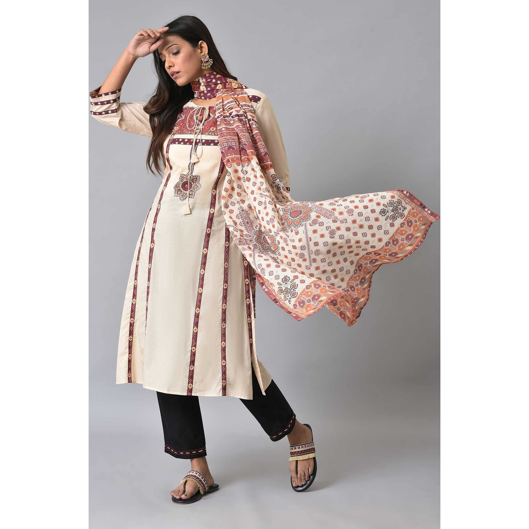 W For Woman Cotton Women Ecru And Brown Printed Dupatta, Free Size