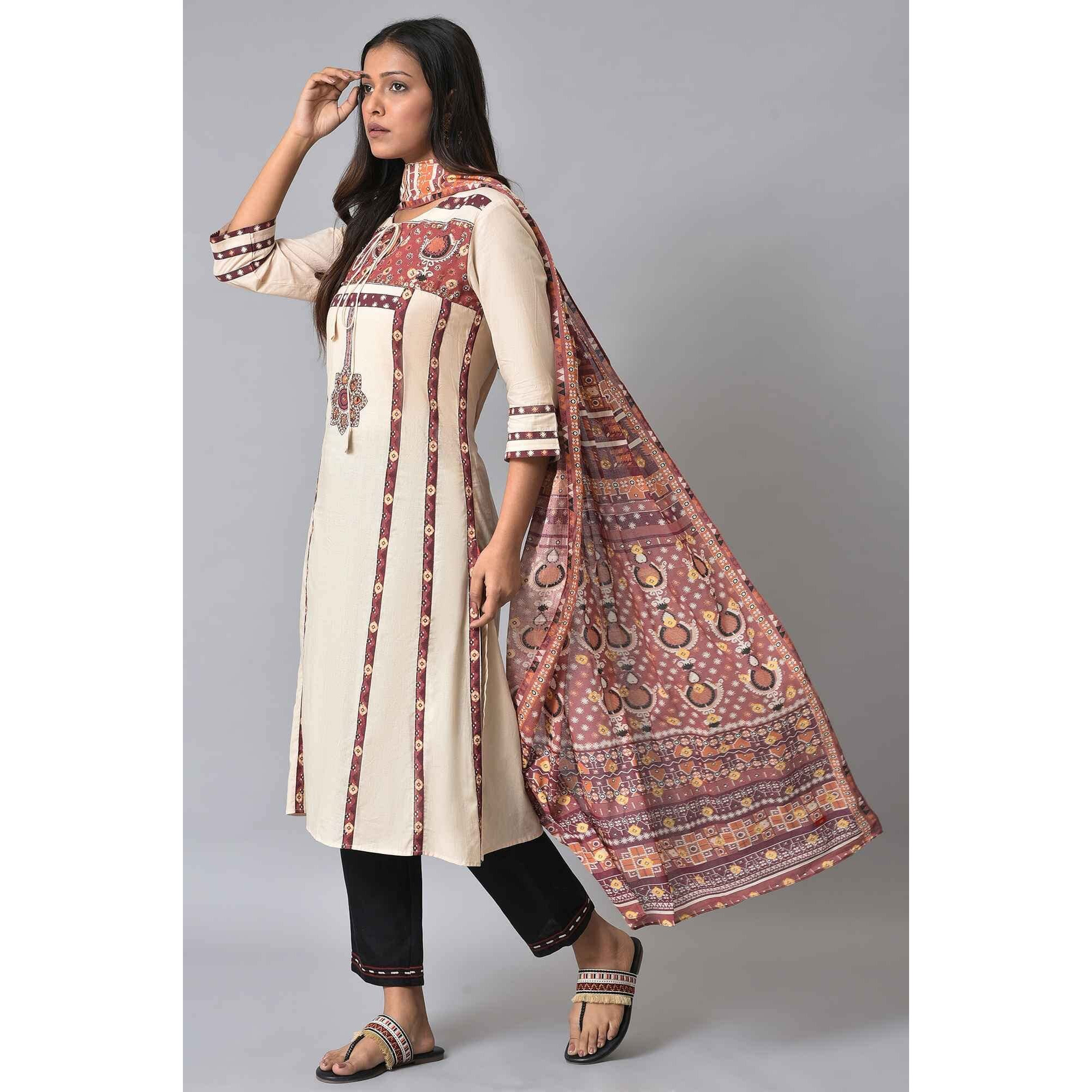 W For Woman Cotton Women Ecru And Brown Printed Dupatta, Free Size