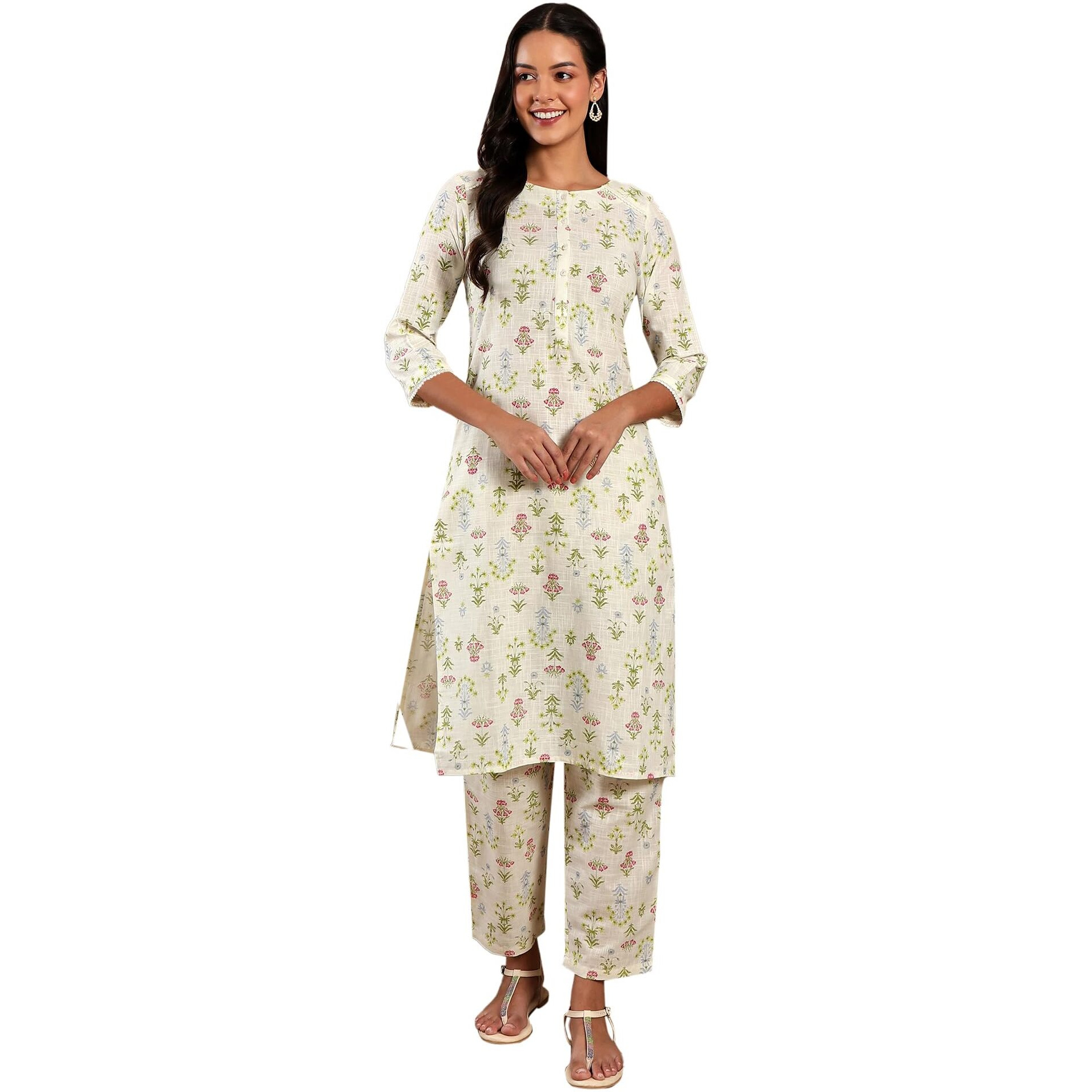 W Ecru Floral Printed Lace Cotton Kurta And Pant Set For Women