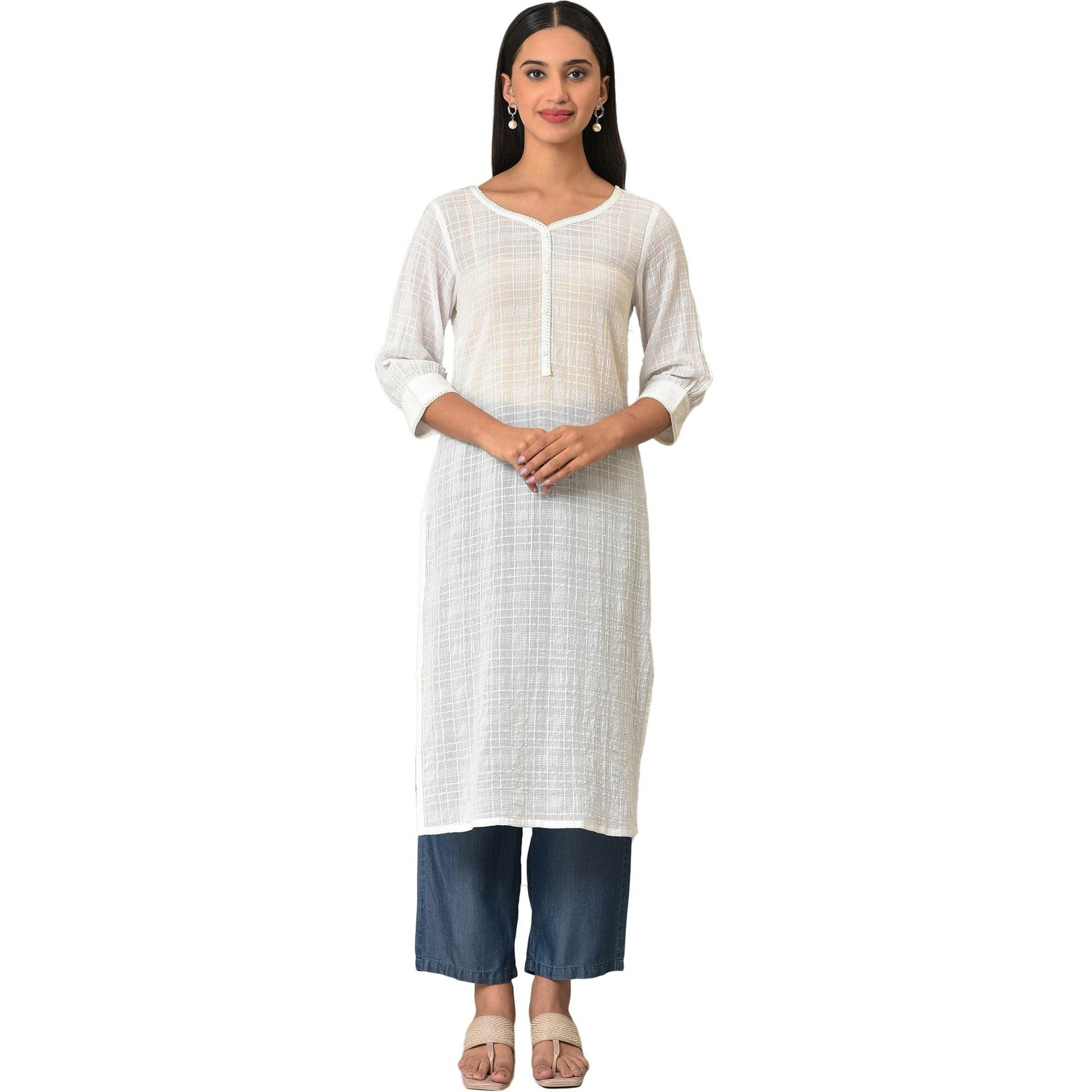 Aurelia White Self-Design Cotton Straight Long Kurta