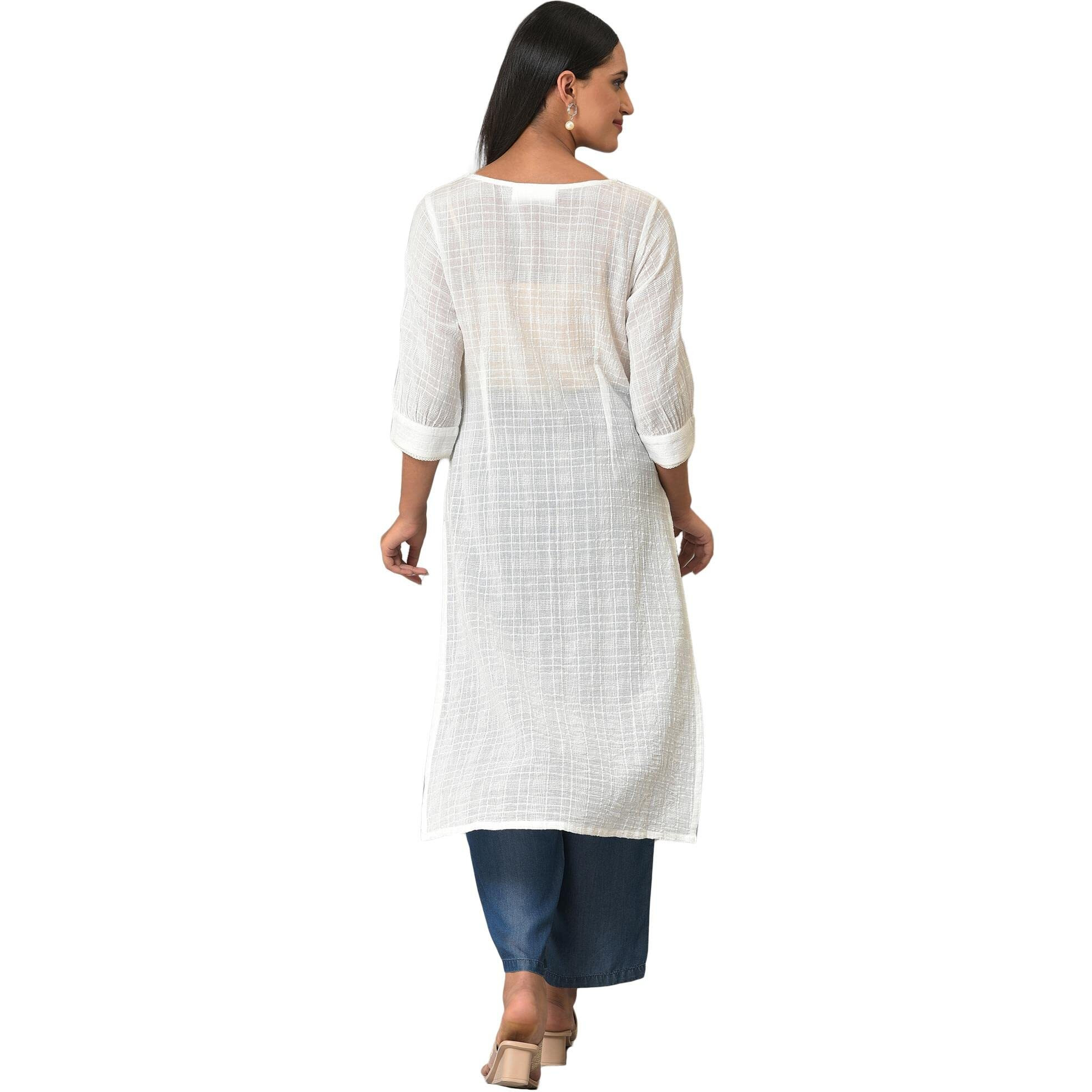 Aurelia White Self-Design Cotton Straight Long Kurta