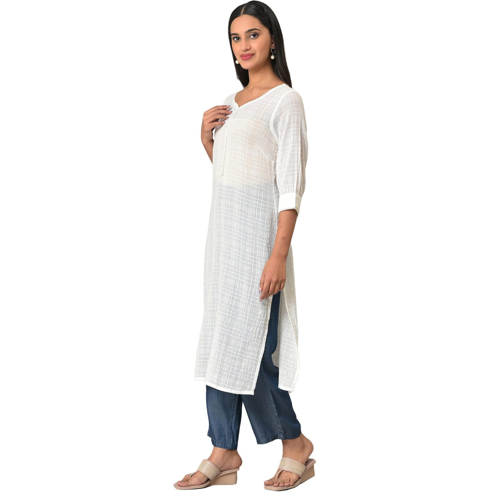 Aurelia White Self-Design Cotton Straight Long Kurta