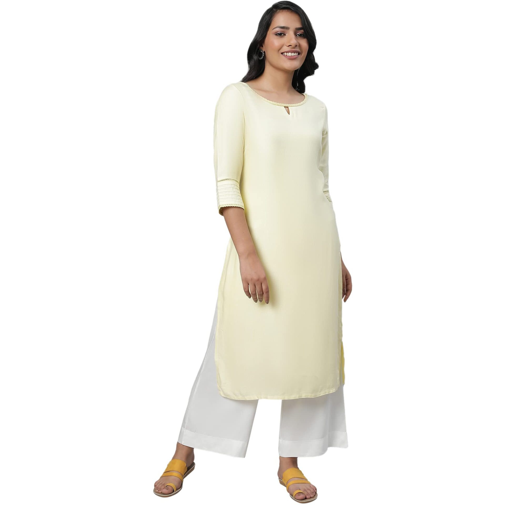 Aurelia Women's Viscose Solid Regular Kurta (23Fea12231-702549_Yellow_L