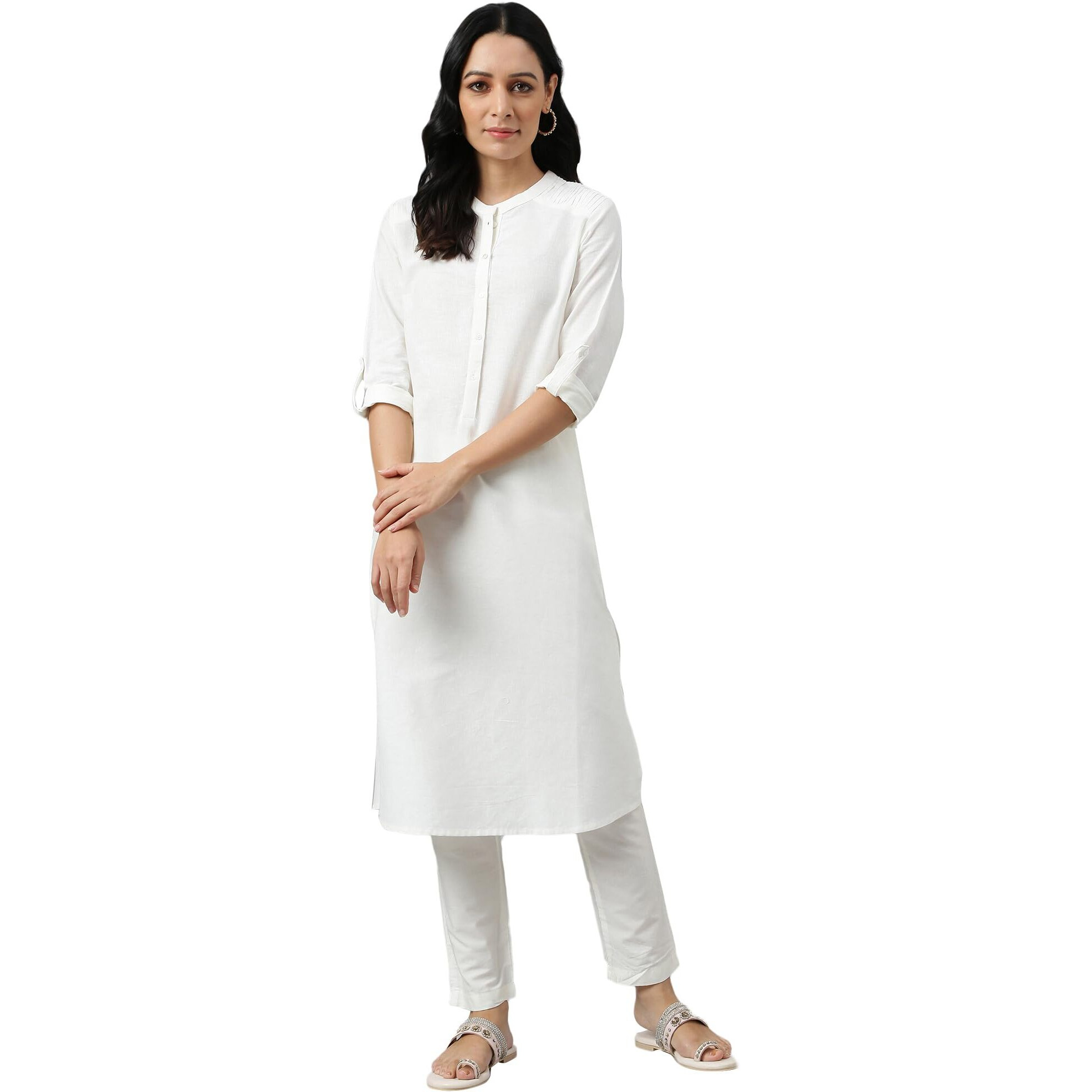 W For Woman Ecru Half Placket Shirt Kurta (Size M)-23Few18810-211283