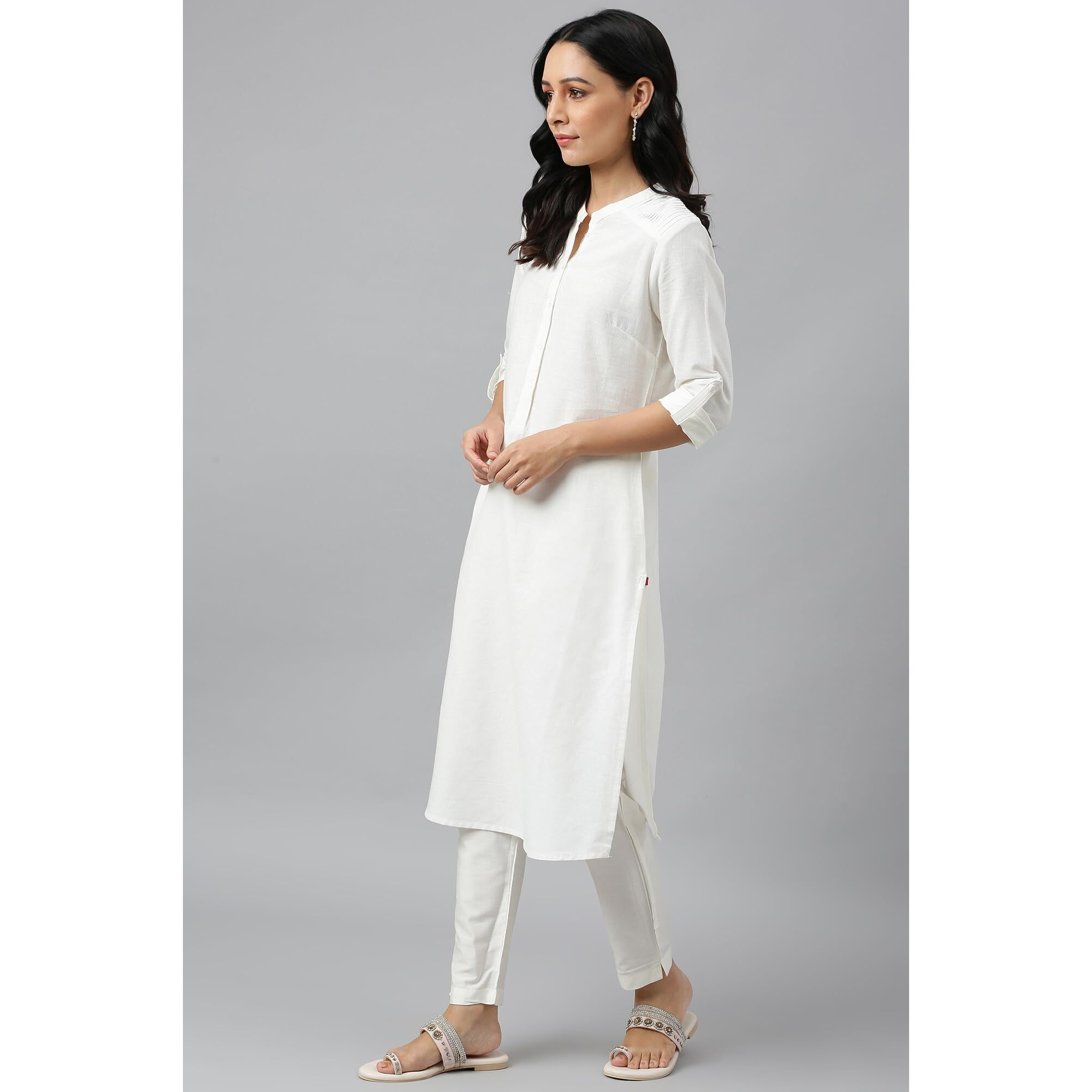 W For Woman Ecru Half Placket Shirt Kurta (Size M)-23Few18810-211283