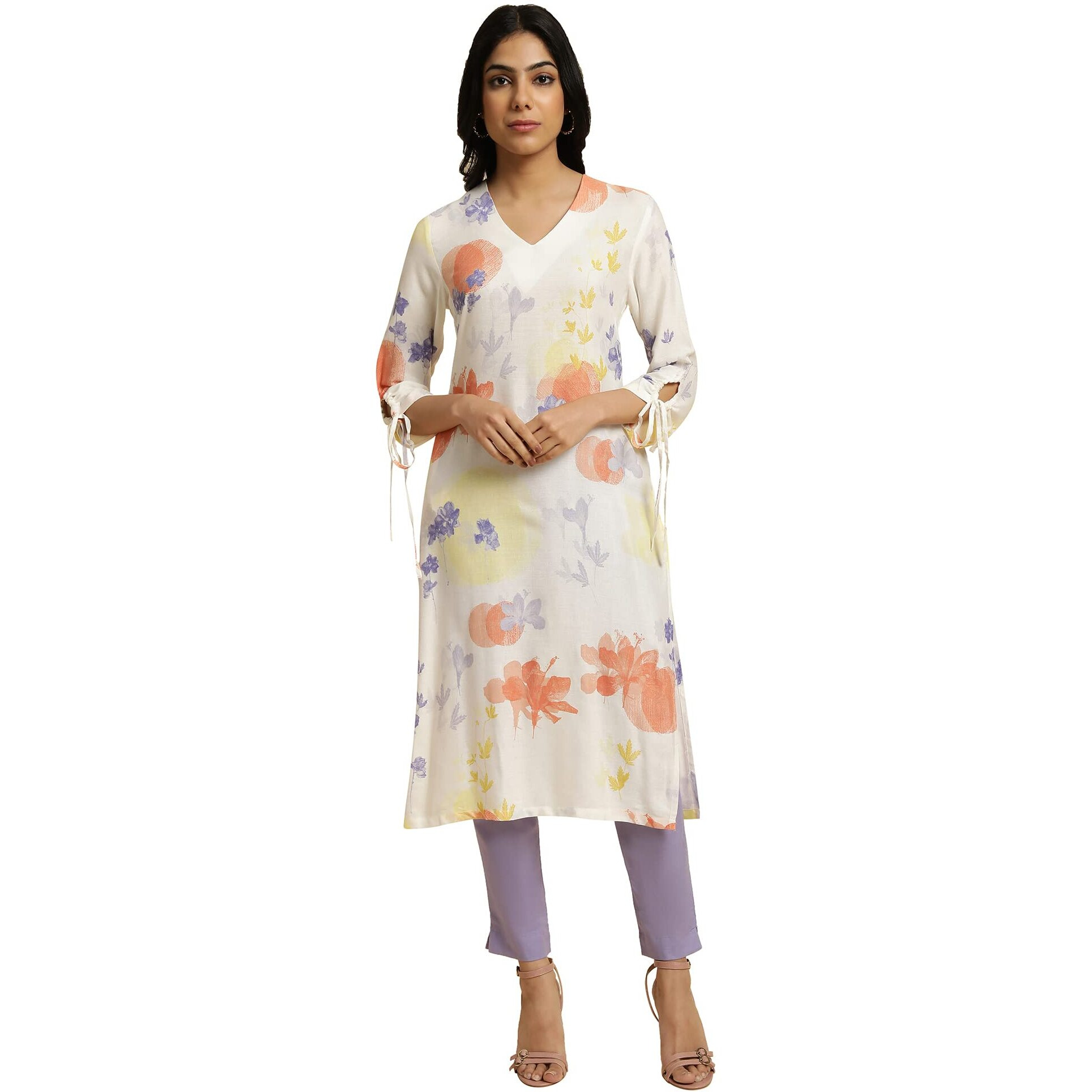 W For Woman Ecru Floral Printed Rayon Blend Kurta And Pant Set