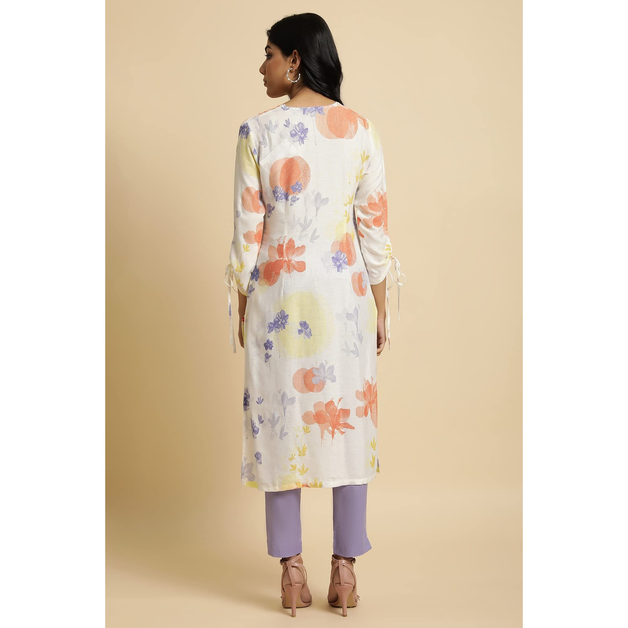 W For Woman Ecru Floral Printed Rayon Blend Kurta And Pant Set
